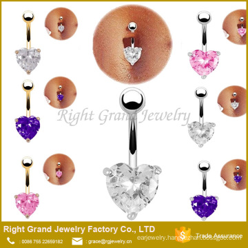 Silver Gold Plated Pink Heart Cubic Zirconia Prong Setting Navel Belly Button Rings